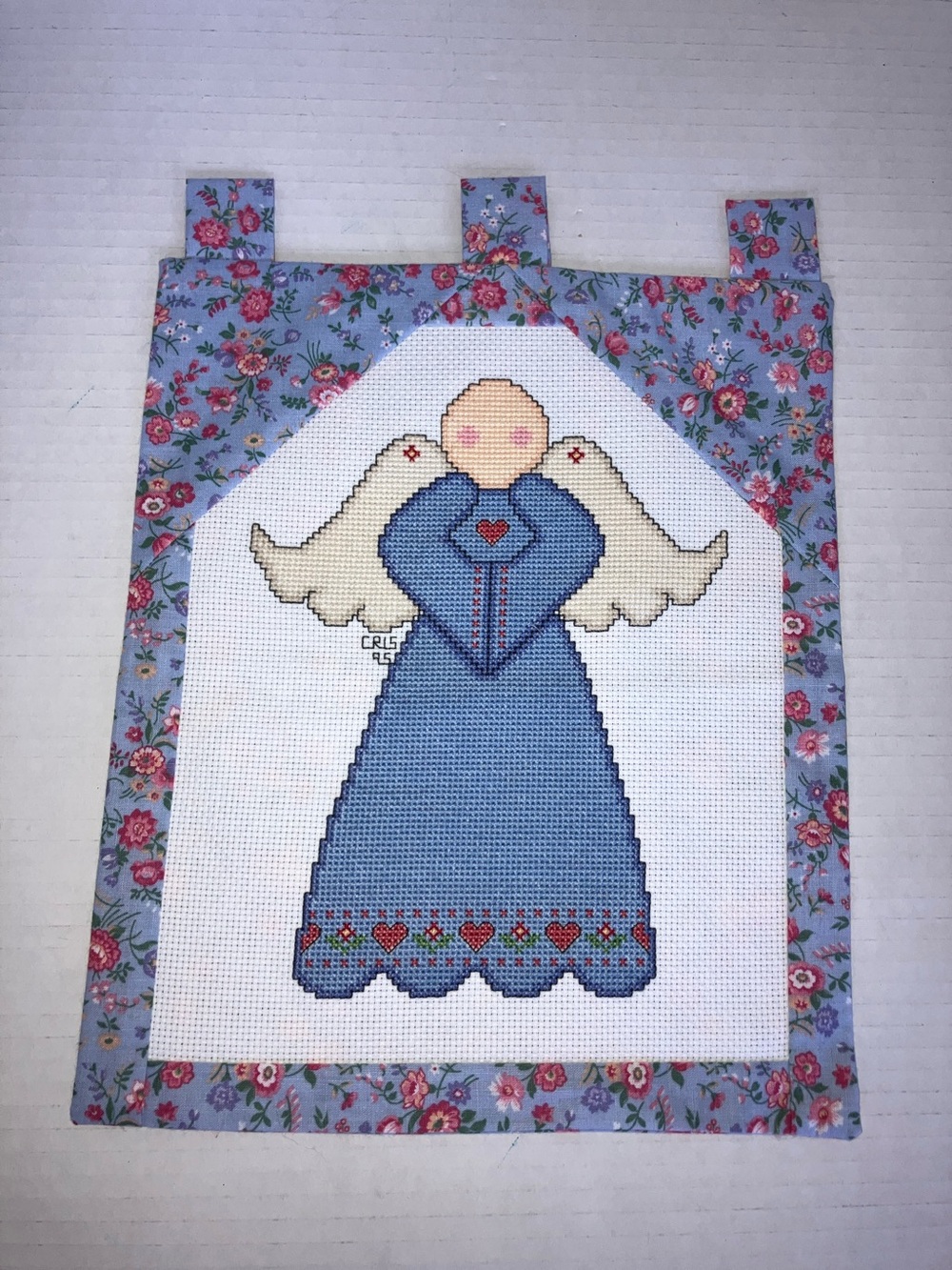 Handmade‎ Cross Stitch Angel Wall Hanging in Blue & Pink Aprox 9x12”